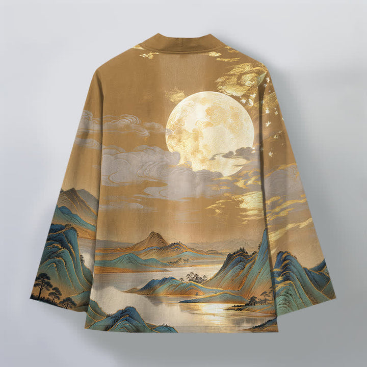 Buddha Stones Kimono aus Baumwolle mit goldenem Mond- und Berglandschaftsmuster, offener Vorderseite, für Herren - image 2