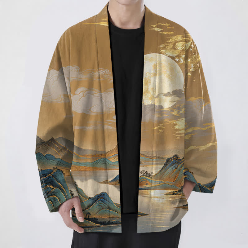 Buddha Stones Kimono aus Baumwolle mit goldenem Mond- und Berglandschaftsmuster, offener Vorderseite, für Herren - SandyBrown - US/UK/AU48, EU58 (4XL) - image 0