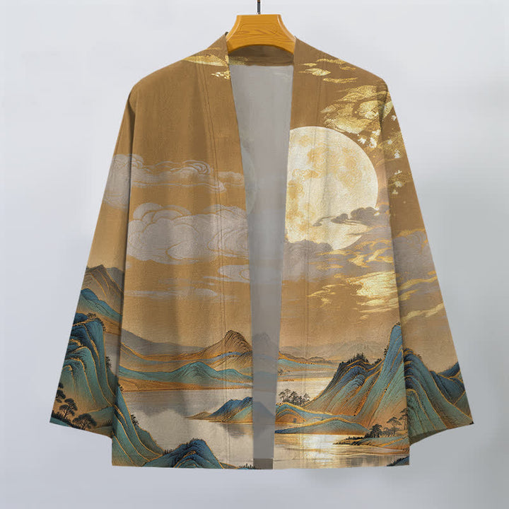 Buddha Stones Kimono aus Baumwolle mit goldenem Mond- und Berglandschaftsmuster, offener Vorderseite, für Herren - image 1
