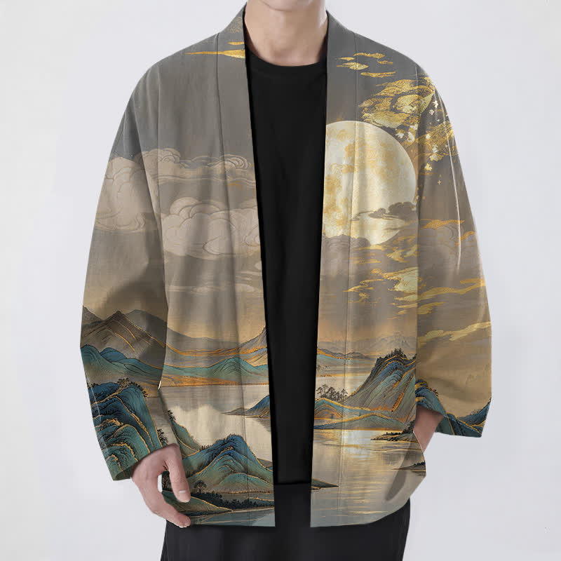 Buddha Stones Kimono aus Baumwolle mit goldenem Mond- und Berglandschaftsmuster, offener Vorderseite, für Herren - Schiefergrau - US/UK/AU48, EU58 (4XL) - image 6