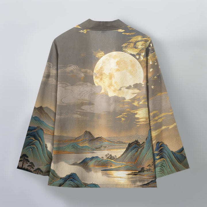 Buddha Stones Kimono aus Baumwolle mit goldenem Mond- und Berglandschaftsmuster, offener Vorderseite, für Herren - image 8