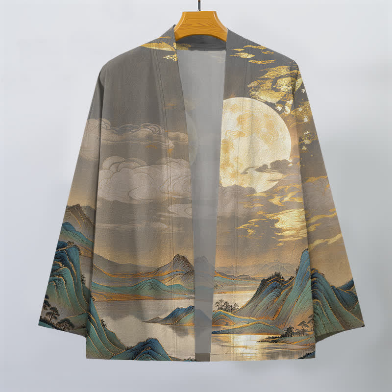 Buddha Stones Kimono aus Baumwolle mit goldenem Mond- und Berglandschaftsmuster, offener Vorderseite, für Herren - image 7