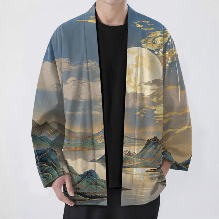 Buddha Stones Kimono aus Baumwolle mit goldenem Mond- und Berglandschaftsmuster, offener Vorderseite, für Herren - SteelBlue - US/UK/AU48, EU58 (4XL) - image 9