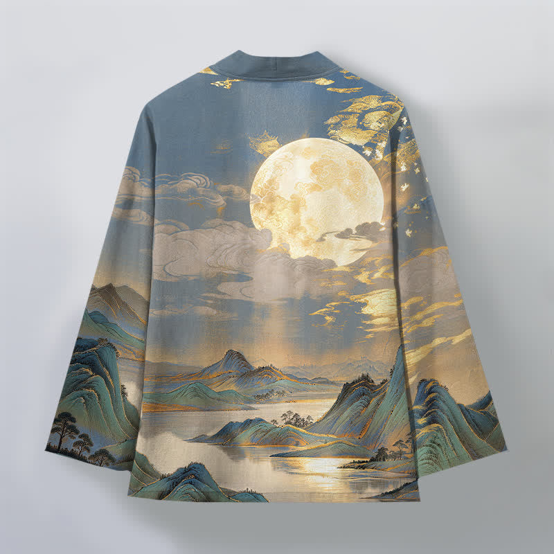 Buddha Stones Kimono aus Baumwolle mit goldenem Mond- und Berglandschaftsmuster, offener Vorderseite, für Herren - image 11
