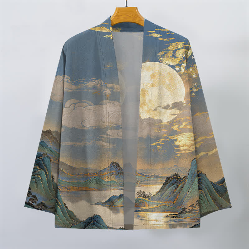 Buddha Stones Kimono aus Baumwolle mit goldenem Mond- und Berglandschaftsmuster, offener Vorderseite, für Herren - image 10