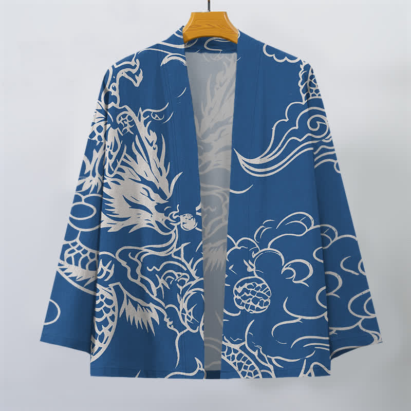 Buddha Stones Weißer Baumwollkimono mit Drachen- und Wolkenmuster und offener Vorderseite für Herren - image 1