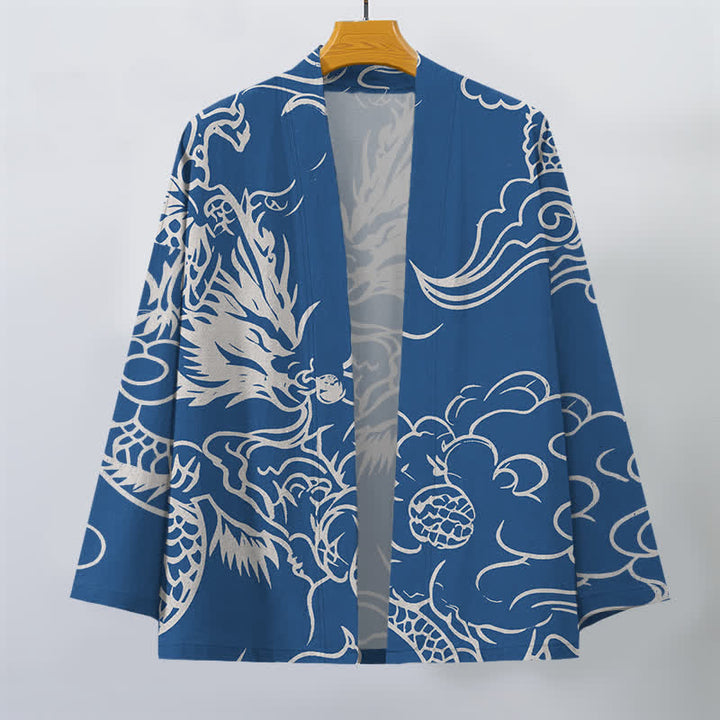Buddha Stones Weißer Baumwollkimono mit Drachen- und Wolkenmuster und offener Vorderseite für Herren - image 1