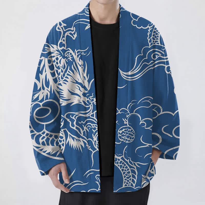 Buddha Stones Weißer Baumwollkimono mit Drachen- und Wolkenmuster und offener Vorderseite für Herren - Königsblau - US/UK/AU48, EU58 (4XL) - image 0