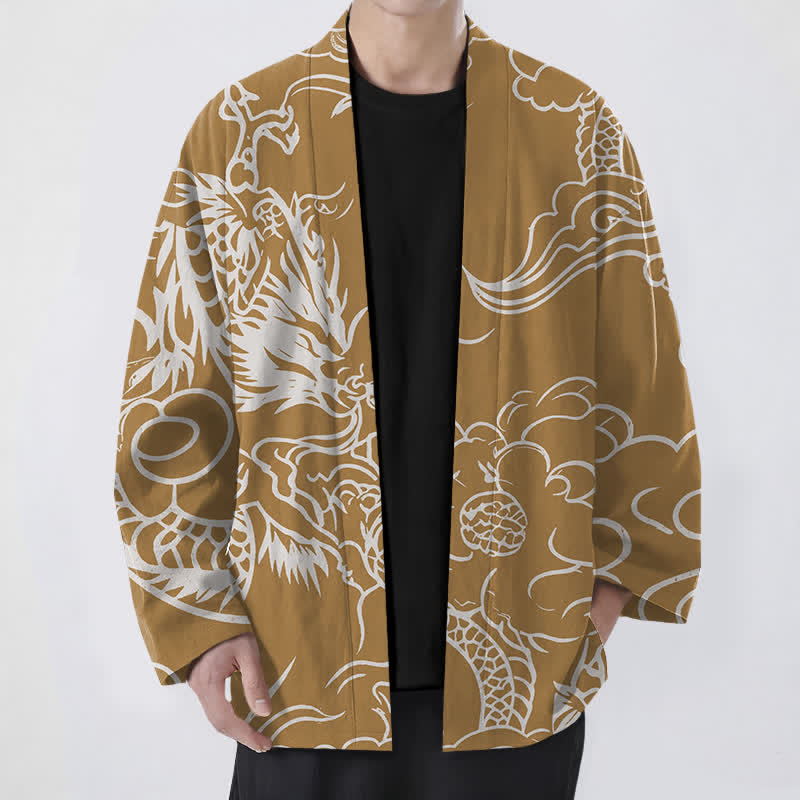 Buddha Stones Weißer Baumwollkimono mit Drachen- und Wolkenmuster und offener Vorderseite für Herren - Goldrute - US/UK/AU48, EU58 (4XL) - image 6