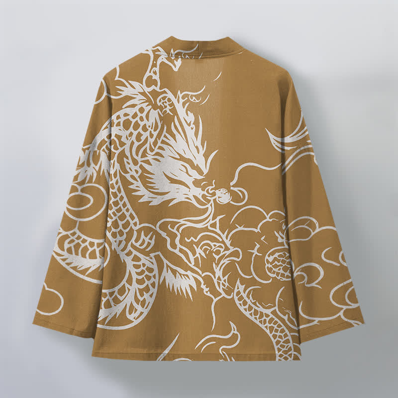 Buddha Stones Weißer Baumwollkimono mit Drachen- und Wolkenmuster und offener Vorderseite für Herren - image 8