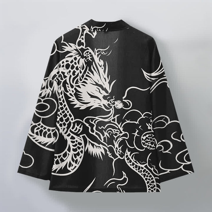 Buddha Stones Weißer Baumwollkimono mit Drachen- und Wolkenmuster und offener Vorderseite für Herren - image 11