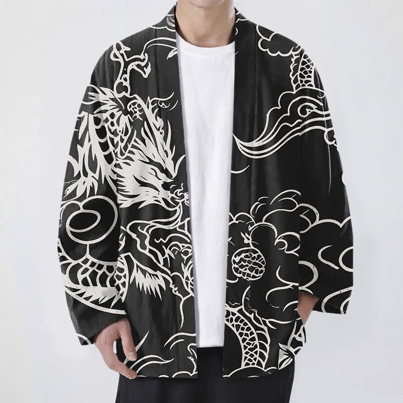 Buddha Stones Weißer Baumwollkimono mit Drachen- und Wolkenmuster und offener Vorderseite für Herren - Schwarz - US/UK/AU48, EU58 (4XL) - image 9