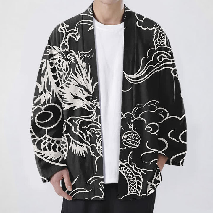 Buddha Stones Weißer Baumwollkimono mit Drachen- und Wolkenmuster und offener Vorderseite für Herren - Schwarz - US/UK/AU48, EU58 (4XL) - image 9