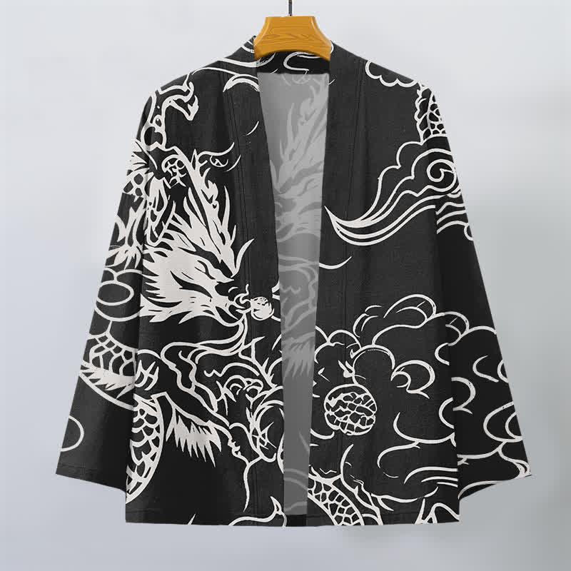 Buddha Stones Weißer Baumwollkimono mit Drachen- und Wolkenmuster und offener Vorderseite für Herren - image 10