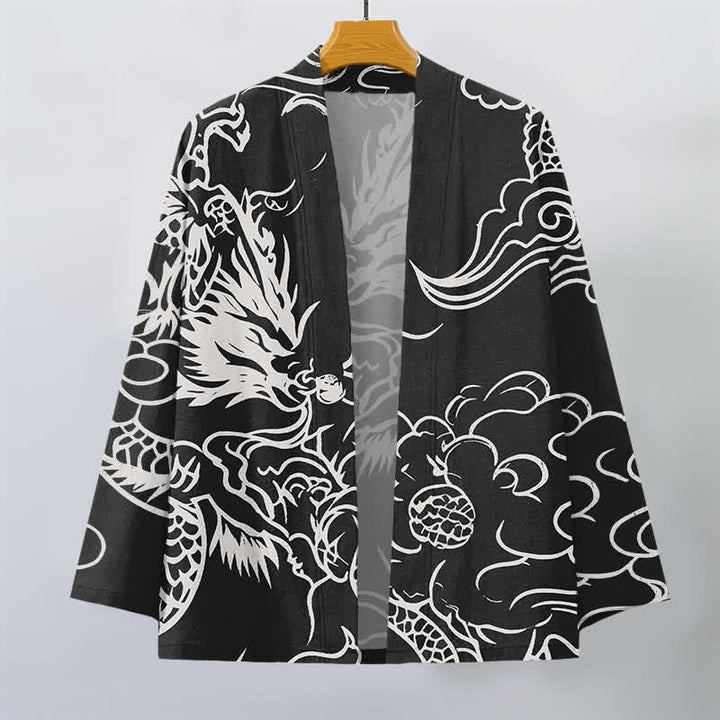 Buddha Stones Weißer Baumwollkimono mit Drachen- und Wolkenmuster und offener Vorderseite für Herren - image 10