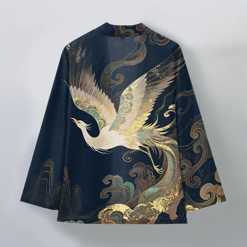 Buddha Stones Kimono aus Baumwolle mit goldenem Kranich- und Wolkenmuster, offener Vorderseite, für Herren - image 2