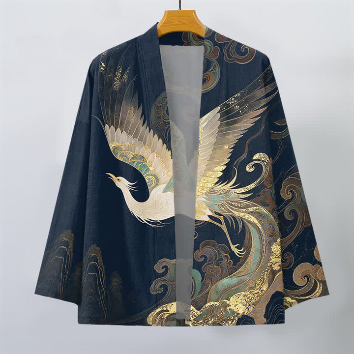 Buddha Stones Kimono aus Baumwolle mit goldenem Kranich- und Wolkenmuster, offener Vorderseite, für Herren - image 1
