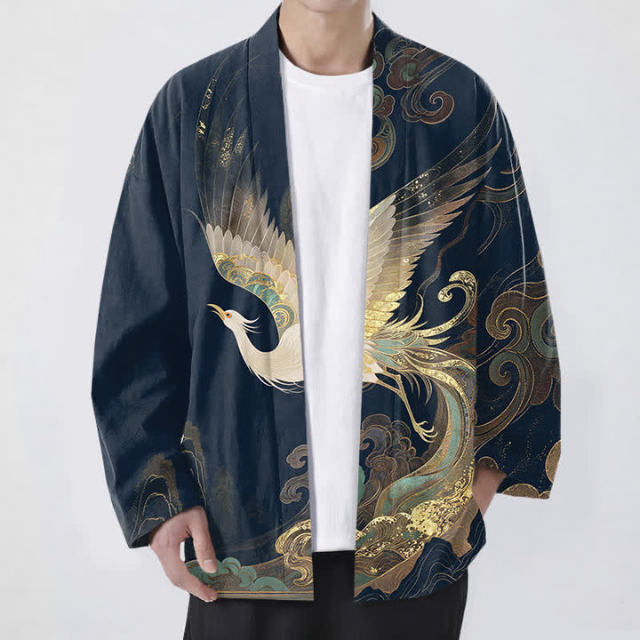 Buddha Stones Kimono aus Baumwolle mit goldenem Kranich- und Wolkenmuster, offener Vorderseite, für Herren - Marine - US/UK/AU48, EU58 (4XL) - image 0