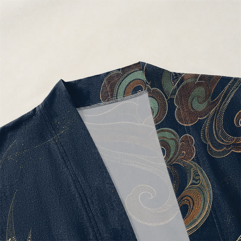Buddha Stones Kimono aus Baumwolle mit goldenem Kranich- und Wolkenmuster, offener Vorderseite, für Herren - image 3