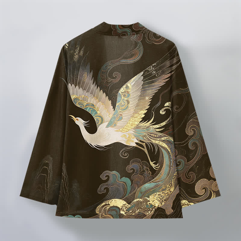 Buddha Stones Kimono aus Baumwolle mit goldenem Kranich- und Wolkenmuster, offener Vorderseite, für Herren - image 8