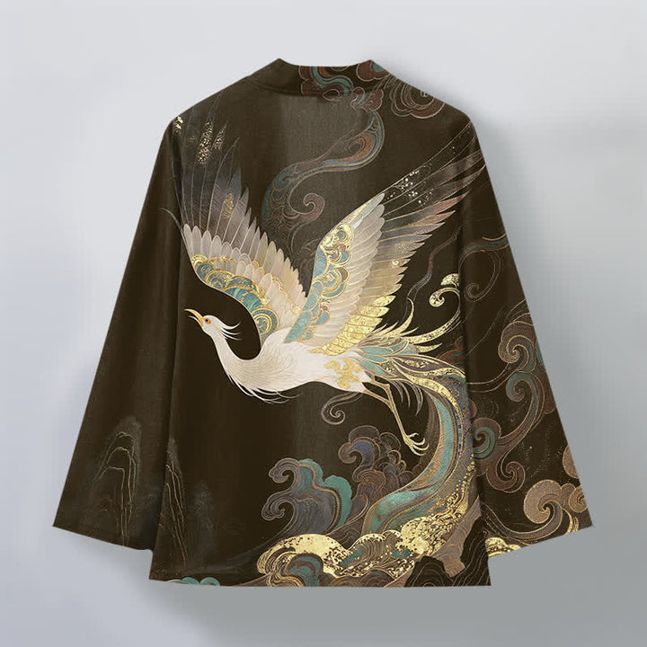 Buddha Stones Kimono aus Baumwolle mit goldenem Kranich- und Wolkenmuster, offener Vorderseite, für Herren - image 8