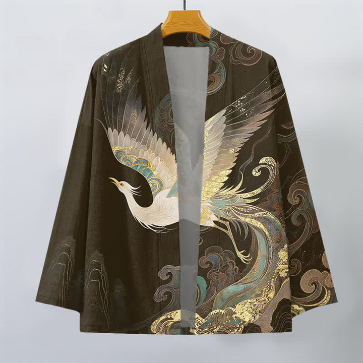 Buddha Stones Kimono aus Baumwolle mit goldenem Kranich- und Wolkenmuster, offener Vorderseite, für Herren - image 7