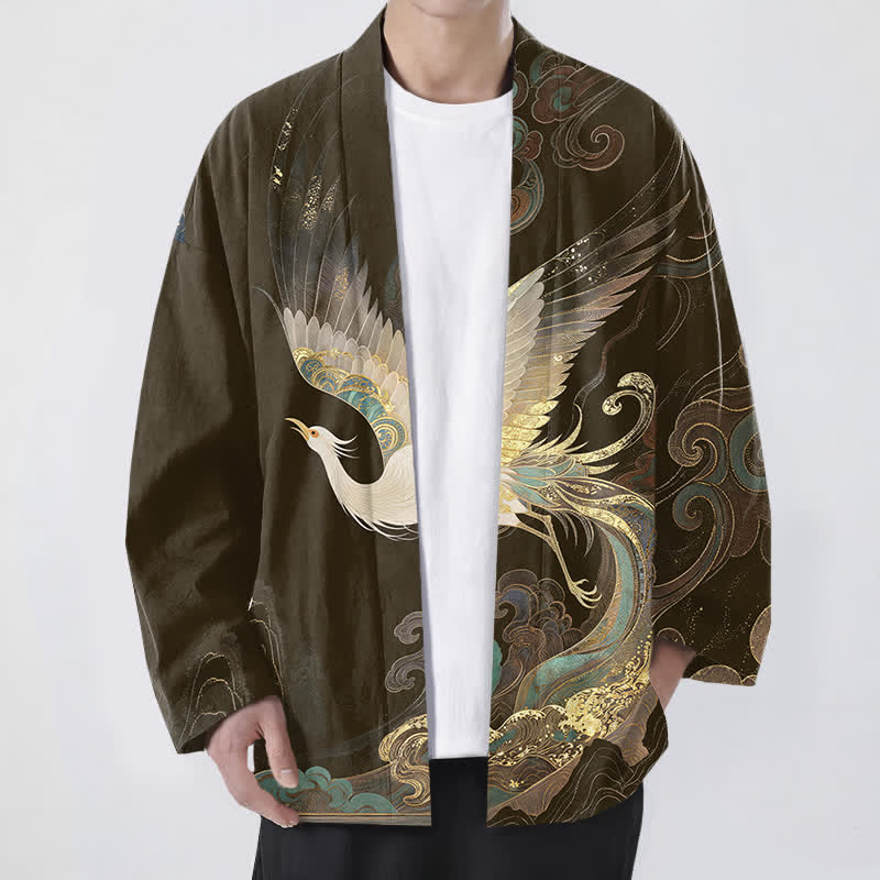 Buddha Stones Kimono aus Baumwolle mit goldenem Kranich- und Wolkenmuster, offener Vorderseite, für Herren - Sattelbraun - US/UK/AU48, EU58 (4XL) - image 6