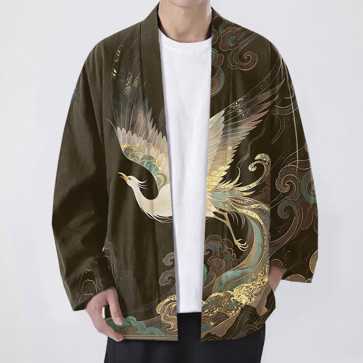 Buddha Stones Kimono aus Baumwolle mit goldenem Kranich- und Wolkenmuster, offener Vorderseite, für Herren - Sattelbraun - US/UK/AU48, EU58 (4XL) - image 6