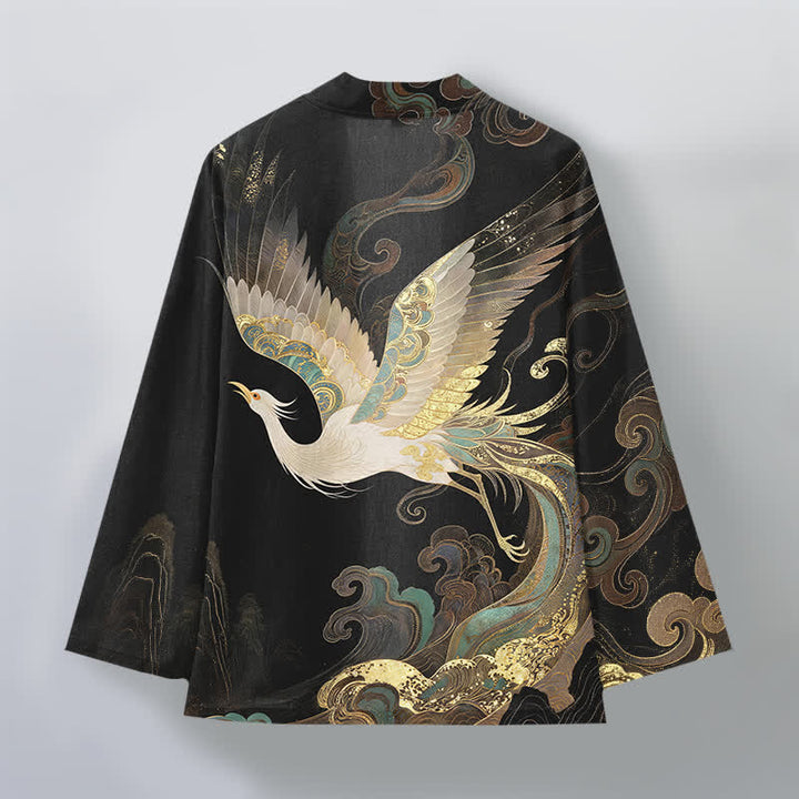 Buddha Stones Kimono aus Baumwolle mit goldenem Kranich- und Wolkenmuster, offener Vorderseite, für Herren - image 11