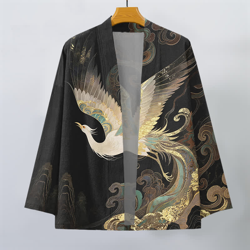 Buddha Stones Kimono aus Baumwolle mit goldenem Kranich- und Wolkenmuster, offener Vorderseite, für Herren - image 10