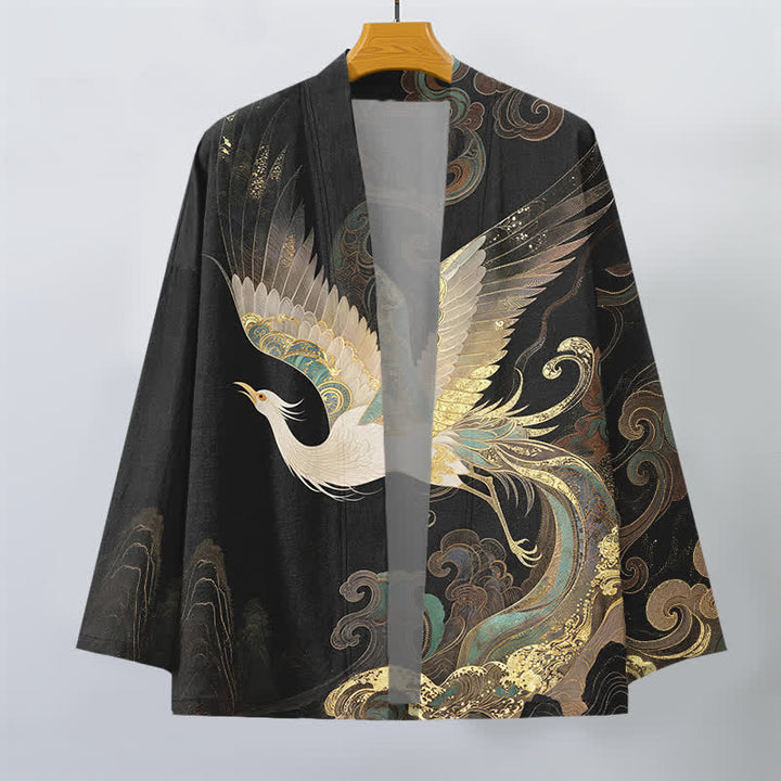 Buddha Stones Kimono aus Baumwolle mit goldenem Kranich- und Wolkenmuster, offener Vorderseite, für Herren - image 10
