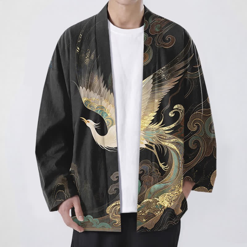 Buddha Stones Kimono aus Baumwolle mit goldenem Kranich- und Wolkenmuster, offener Vorderseite, für Herren - Schwarz - US/UK/AU48, EU58 (4XL) - image 9