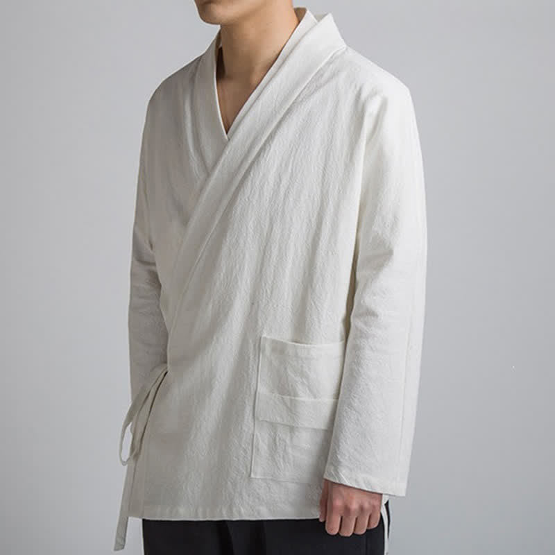 Buddha Stones Minimalistischer Kimono im Tang-Stil für Herren, einfarbig aus Baumwolle, mit Kordelzug und Tasche, ideal für Frühling und Herbst. - image 14