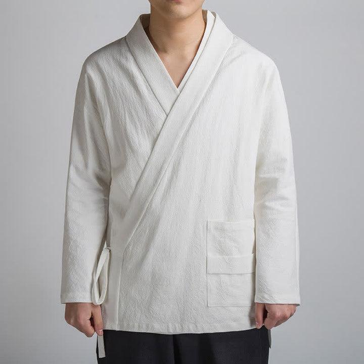 Buddha Stones Minimalistischer Kimono im Tang-Stil für Herren, einfarbig aus Baumwolle, mit Kordelzug und Tasche, ideal für Frühling und Herbst. - Weiß - US/UK/AU44, EU54 (4XL) - image 13