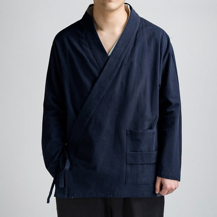 Buddha Stones Minimalistischer Kimono im Tang-Stil für Herren, einfarbig aus Baumwolle, mit Kordelzug und Tasche, ideal für Frühling und Herbst. - Mitternachtsblau - US/UK/AU44, EU54 (4XL) - image 0