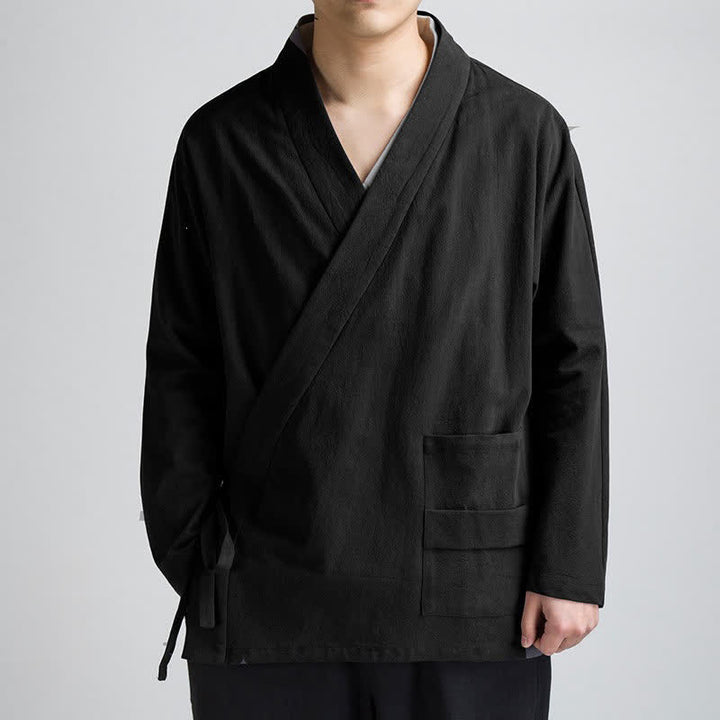 Buddha Stones Minimalistischer Kimono im Tang-Stil für Herren, einfarbig aus Baumwolle, mit Kordelzug und Tasche, ideal für Frühling und Herbst. - Schwarz - US/UK/AU44, EU54 (4XL) - image 2