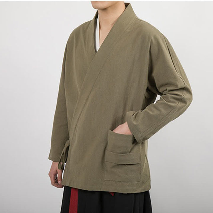Buddha Stones Minimalistischer Kimono im Tang-Stil für Herren, einfarbig aus Baumwolle, mit Kordelzug und Tasche, ideal für Frühling und Herbst. - image 6