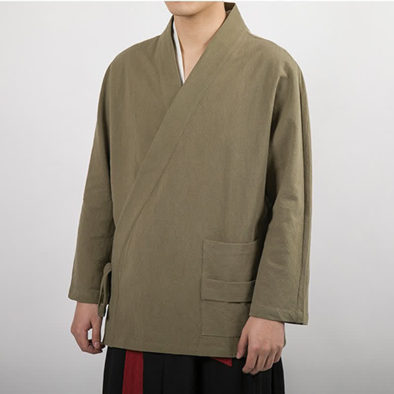 Buddha Stones Minimalistischer Kimono im Tang-Stil für Herren, einfarbig aus Baumwolle, mit Kordelzug und Tasche, ideal für Frühling und Herbst. - image 5
