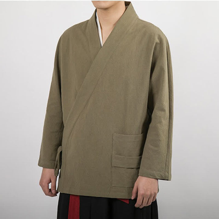 Buddha Stones Minimalistischer Kimono im Tang-Stil für Herren, einfarbig aus Baumwolle, mit Kordelzug und Tasche, ideal für Frühling und Herbst. - image 5