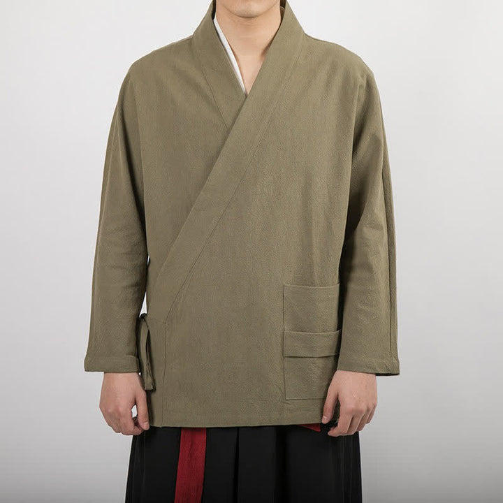 Buddha Stones Minimalistischer Kimono im Tang-Stil für Herren, einfarbig aus Baumwolle, mit Kordelzug und Tasche, ideal für Frühling und Herbst. - Dunkelkhaki - US/UK/AU44, EU54 (4XL) - image 4