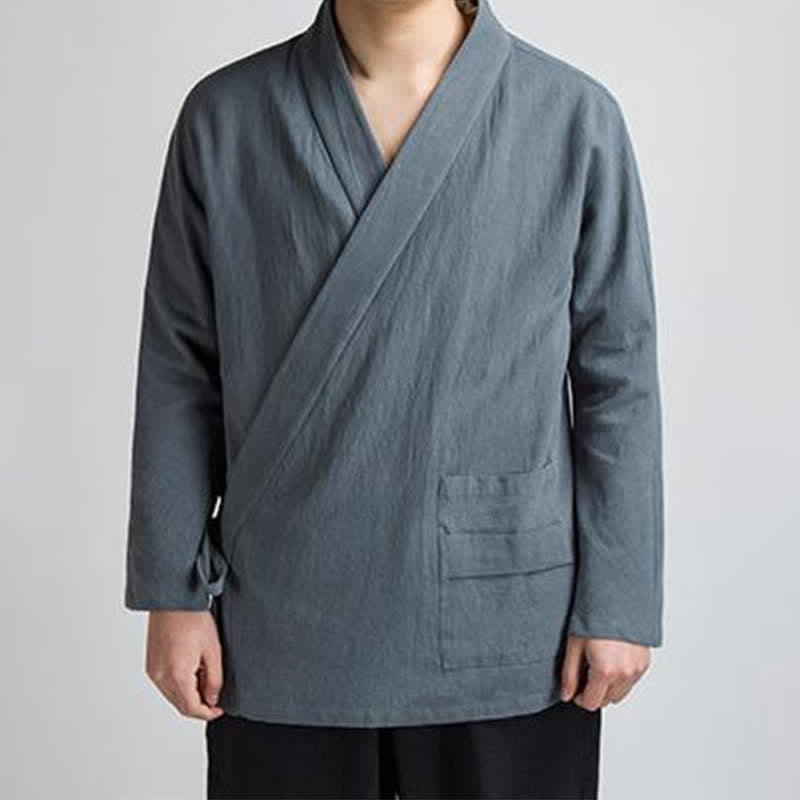 Buddha Stones Minimalistischer Kimono im Tang-Stil für Herren, einfarbig aus Baumwolle, mit Kordelzug und Tasche, ideal für Frühling und Herbst. - Schiefergrau - US/UK/AU44, EU54 (4XL) - image 12