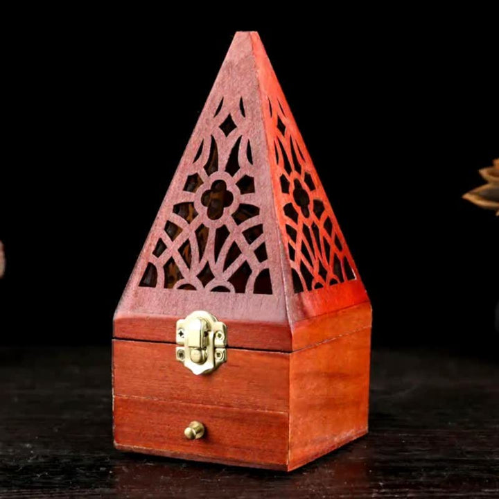 Buddha Stones Quadratische Ritualbox aus Naturholz, Räuchergefäß zur Reinigung - Großes Loch Hohe Dreieckspyramiden - image 0