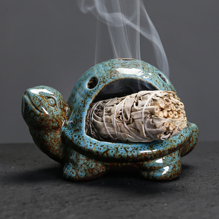 Buddha Stones Keramik-Räuchergefäß „Schildkröte“ - Blau - image 0