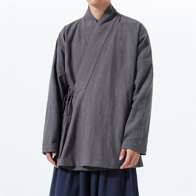 Buddha Stones Herbst/Winter: Schlichter Kimono im Tang-Stil aus einfarbiger Baumwolle mit Kordelzug und Tasche für Herren. - DimGray - US/UK/AU46, EU56 (5XL) - image 7