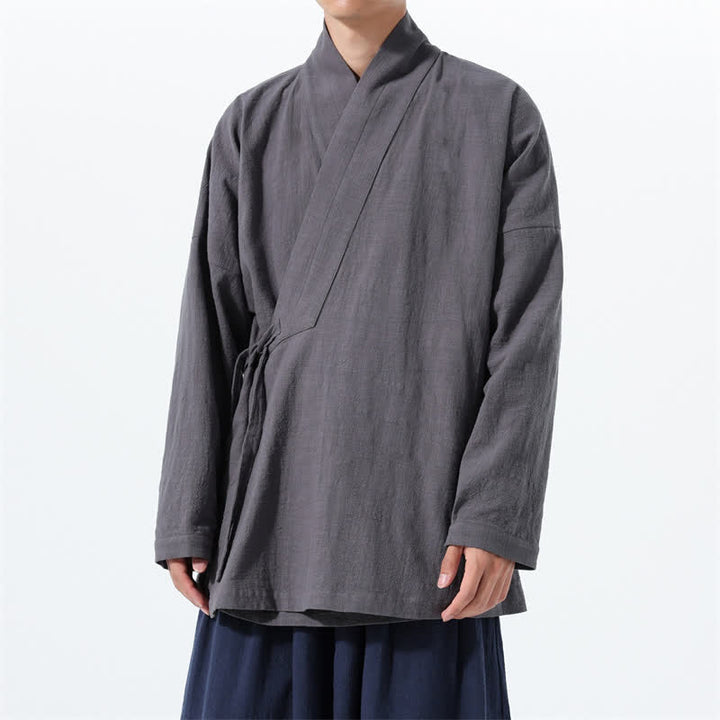Buddha Stones Herbst/Winter: Schlichter Kimono im Tang-Stil aus einfarbiger Baumwolle mit Kordelzug und Tasche für Herren. - DimGray - US/UK/AU46, EU56 (5XL) - image 7