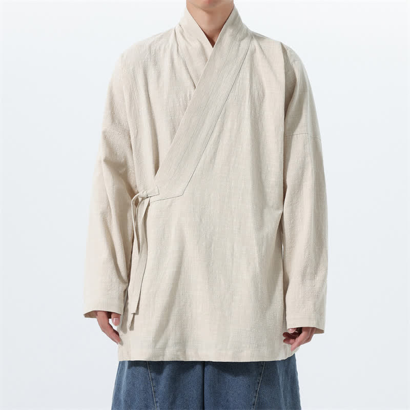 Buddha Stones Herbst/Winter: Schlichter Kimono im Tang-Stil aus einfarbiger Baumwolle mit Kordelzug und Tasche für Herren. - Beige - US/UK/AU46, EU56 (5XL) - image 17