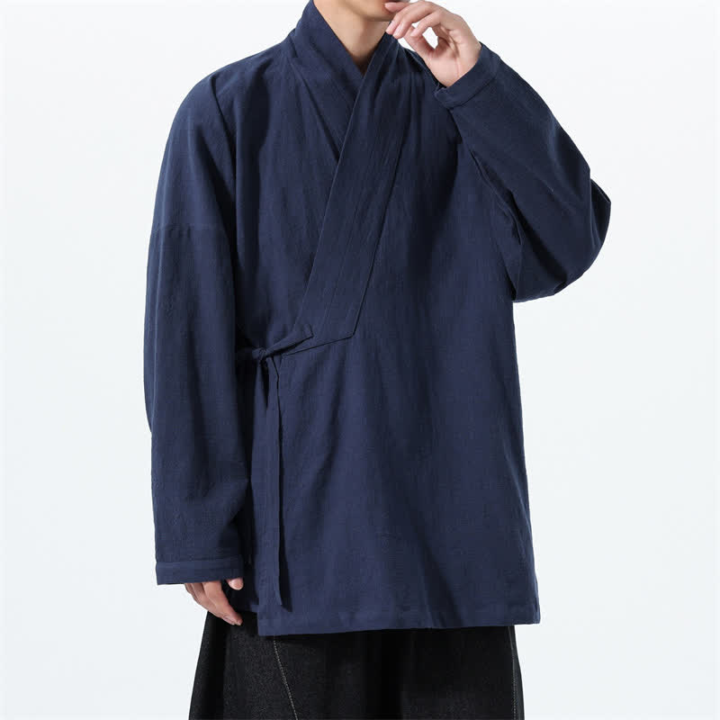 Buddha Stones Herbst/Winter: Schlichter Kimono im Tang-Stil aus einfarbiger Baumwolle mit Kordelzug und Tasche für Herren. - image 1
