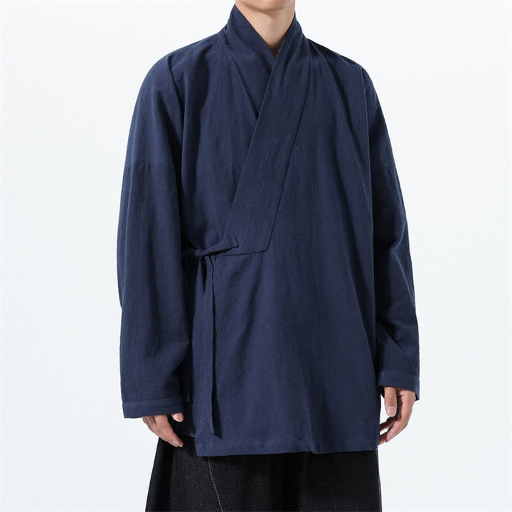 Buddha Stones Herbst/Winter: Schlichter Kimono im Tang-Stil aus einfarbiger Baumwolle mit Kordelzug und Tasche für Herren. - image 2