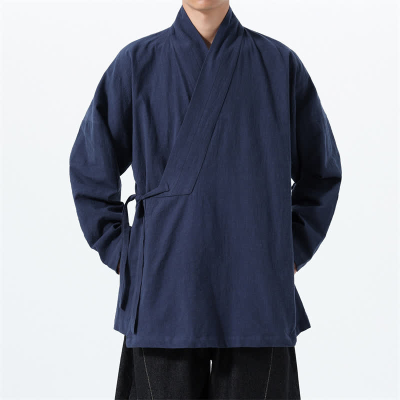 Buddha Stones Herbst/Winter: Schlichter Kimono im Tang-Stil aus einfarbiger Baumwolle mit Kordelzug und Tasche für Herren. - Marine - US/UK/AU46, EU56 (5XL) - image 0