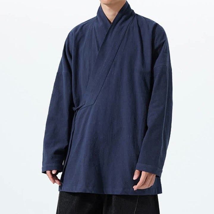 Buddha Stones Herbst/Winter: Schlichter Kimono im Tang-Stil aus einfarbiger Baumwolle mit Kordelzug und Tasche für Herren. - image 3